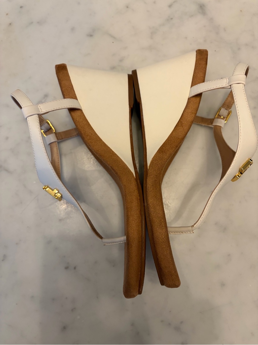 Ralph Lauren NEW Jeannie White Wedge Sandals T-Strap Thong Logo Sz 8.5 Resort - Picture 9 of 12